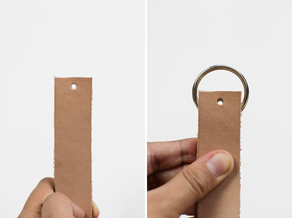 Attach metal ring between leather pieces