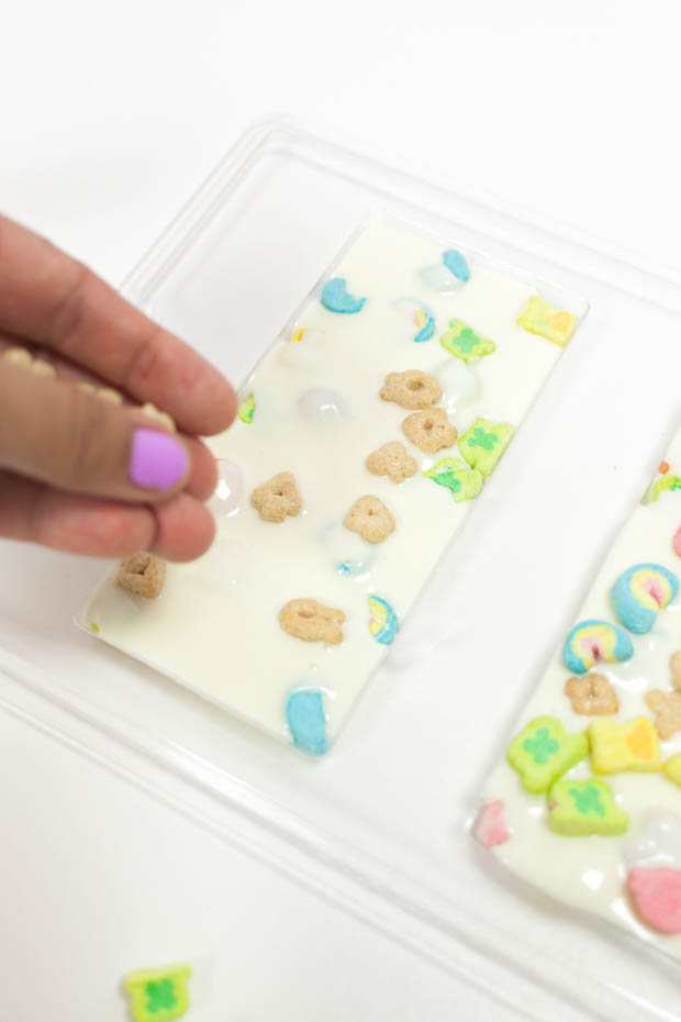 Filling molds for Lucky Charms chocolate bars