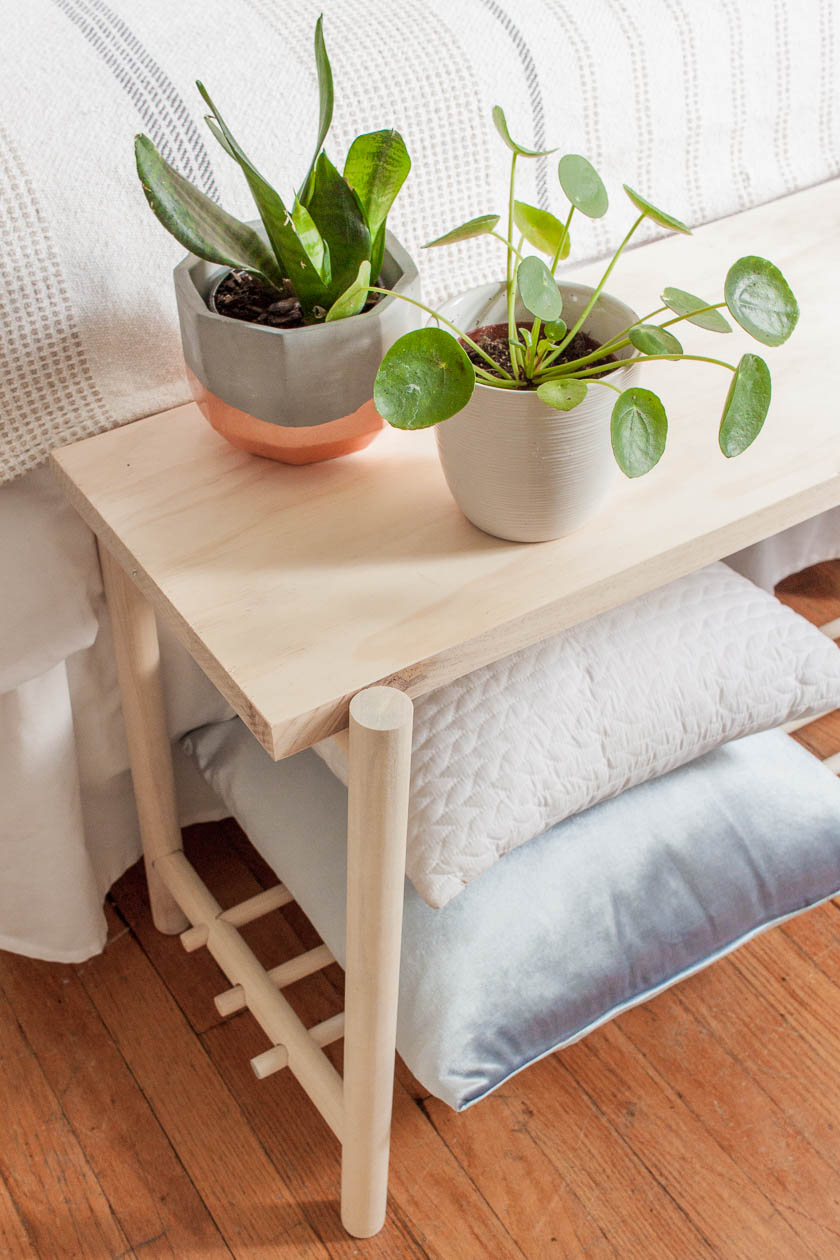 Close up of Dowel Bed Bench DIY Project